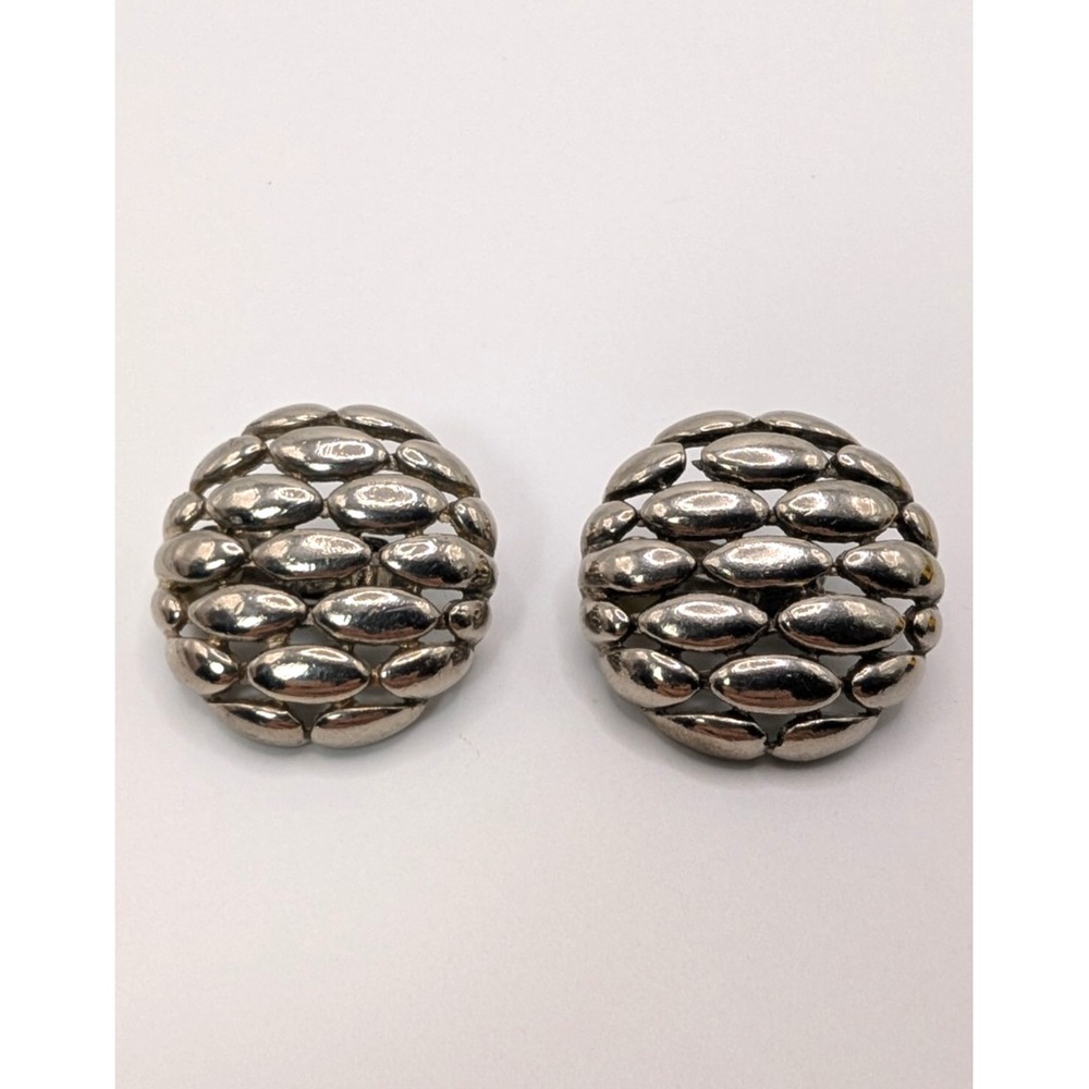 Vintage Silver Tone Pebble Cluster Clip On Earrings Dome Button Style